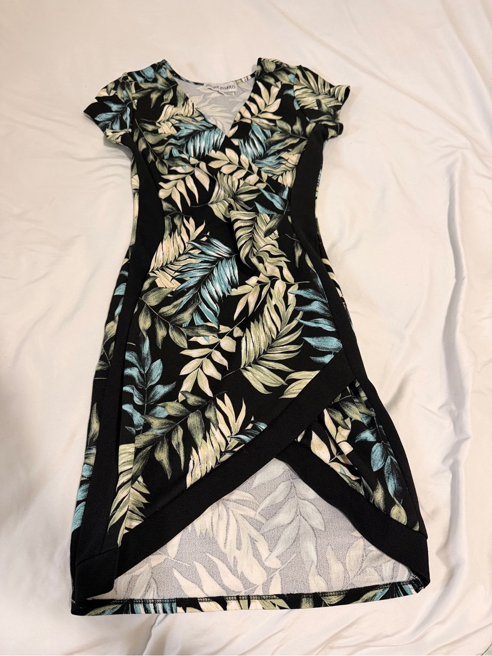 Almost Famous Black Tropical Leaf Faux-Wrap Dress